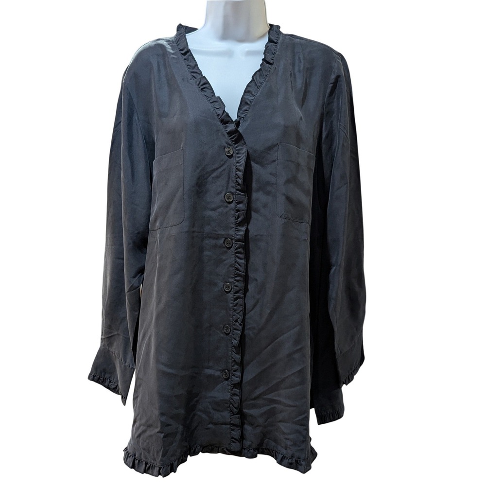 Newport News Jeanology 100% Silk Ruffle V-Neck‎ Button Down Tunic Black Size 14